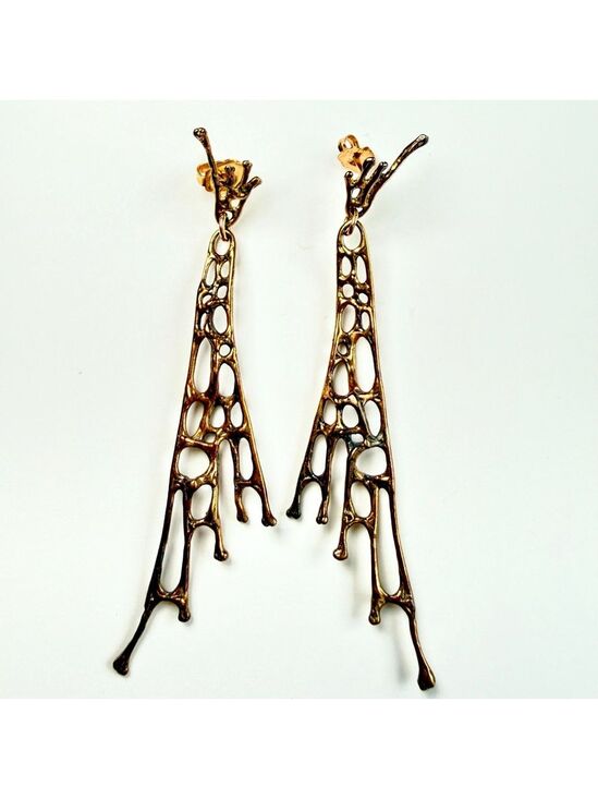 Jewelry - Estate 14K Solid Gold Brutalist Abstract Sculptural Web Drip 2.6" MCM Earrings